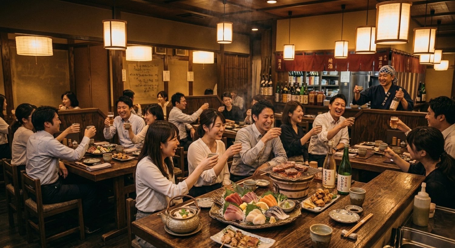 七輪を囲んでにぎわう宴会の様子